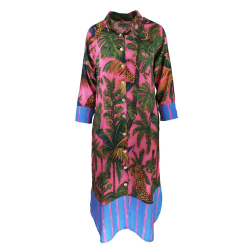 Colorful dress with tropical leaf pattern on a white background