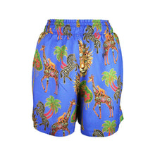 Load image into Gallery viewer, Colorful animal patterned shorts on a blue background
