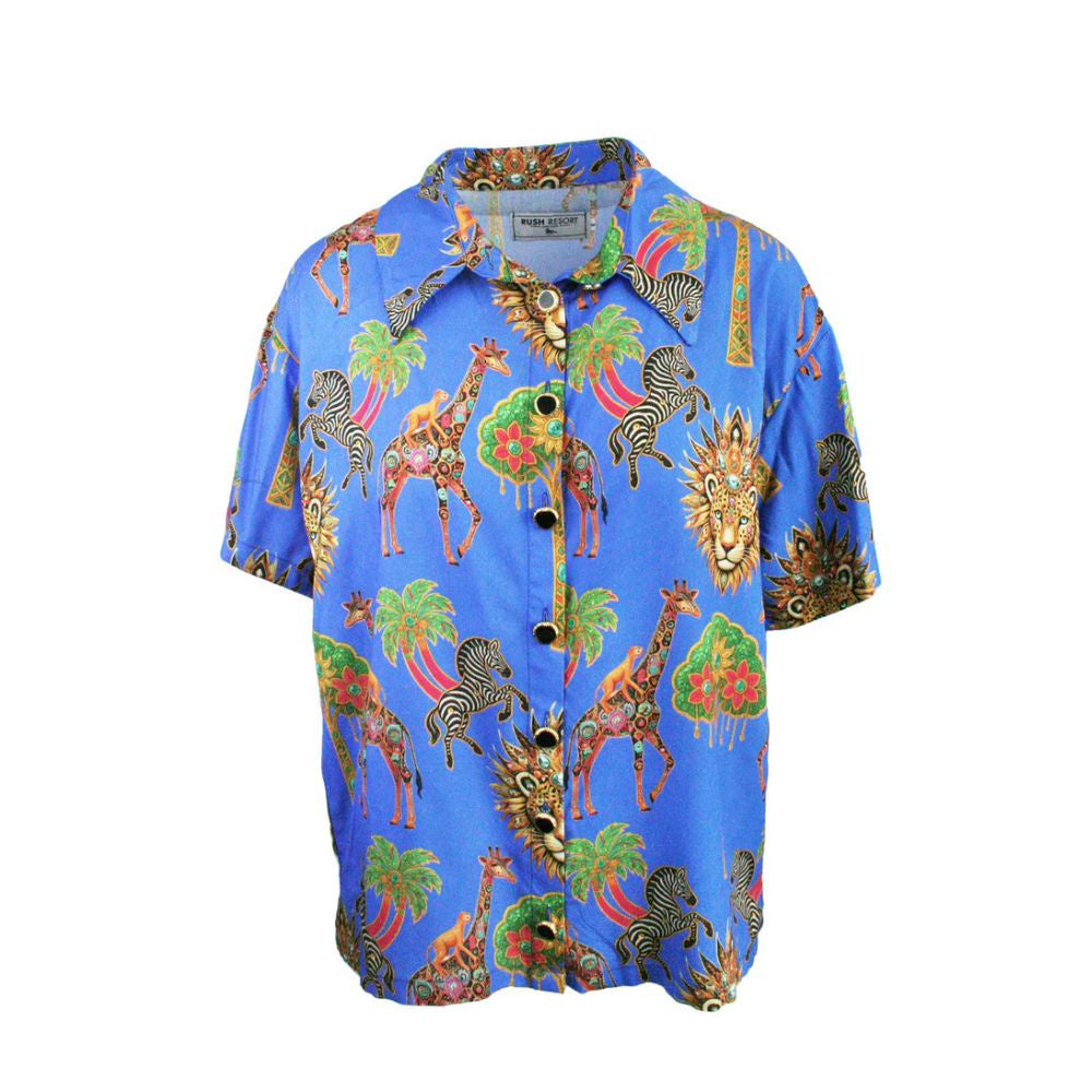 Colorful animal pattern shirt on a white background