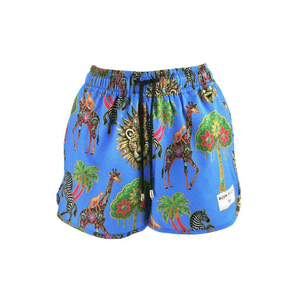 Colorful animal print shorts on a blue background