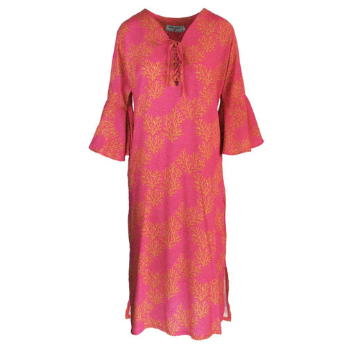 Pink dress with gold seaweed pattern on a white background