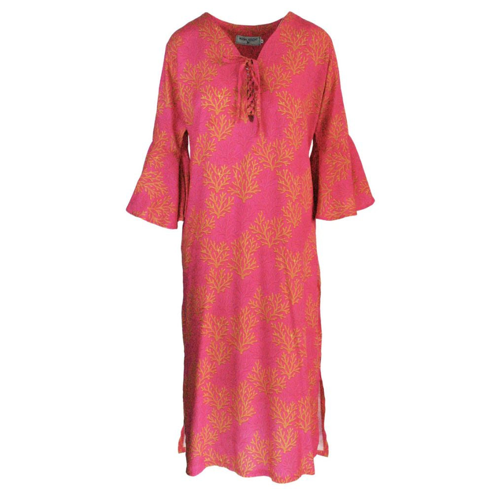 Pink dress with gold seaweed pattern on a white background