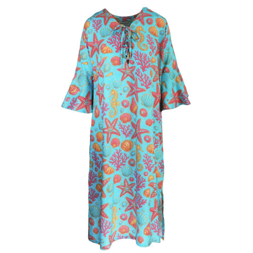 Colorful dress with sea-themed pattern on a white background