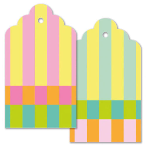 Two colorful striped tags with a geometric pattern on a white background