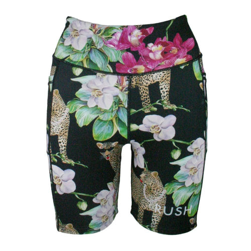 Shorts with a leopard and floral pattern on a black background