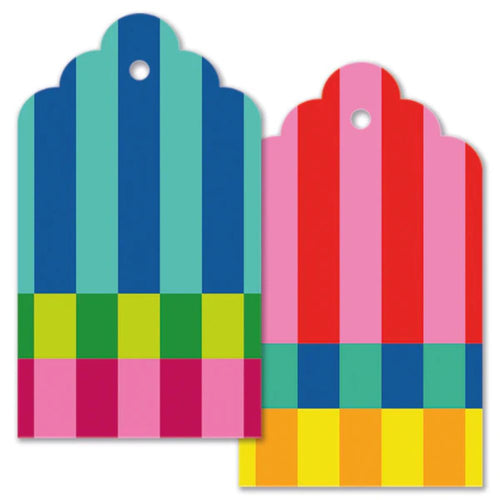 Two colorful striped tags on a white background