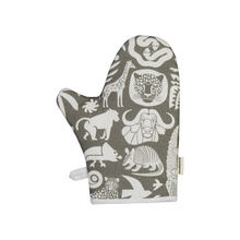 Load image into Gallery viewer, A Love Supreme single oven mitt with South African animal design in white on grey background
