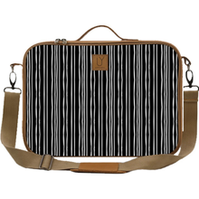 Load image into Gallery viewer, Black and white striped laptop bag with brown straps on a white background
