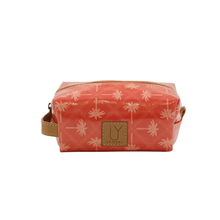 Load image into Gallery viewer, Small orange, rectangular pouch with palm tree pattern and brown strap on a white background
