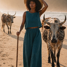 Load image into Gallery viewer, Woman in teal outfit with a hat standing between two cows on a beach
