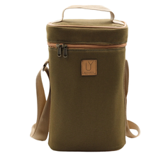 Load image into Gallery viewer, Green insulated wine bag with handle and shoulder strap on a white background
