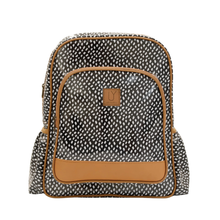 Load image into Gallery viewer, Backpack with black and white pattern and brown accents on a white background
