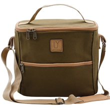 Load image into Gallery viewer, Khaki cooler bag with beige handle and shoulder strap on a white background
