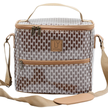 Load image into Gallery viewer, Brown &amp; white patterned IY cooler bag with a strap on a white background
