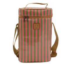 Load image into Gallery viewer, Striped cooler bag with brown handles and a visible brand logo on a white background
