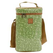 Load image into Gallery viewer, Green patterned cooler bag with brown straps and handle on a white background
