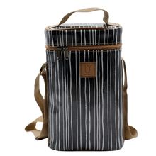 Load image into Gallery viewer, Black and white striped cooler bag with brown straps on a white background
