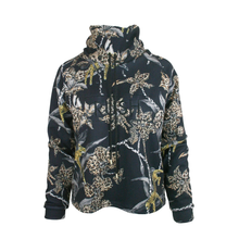 Load image into Gallery viewer, Black jacket with gold and white floral pattern on a white background
