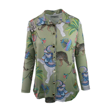 Load image into Gallery viewer, Colorful patterned shirt with animal designs on a white background
