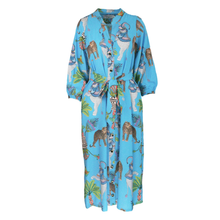 Load image into Gallery viewer, Blue Rush Resort dress with animal print on a white background
