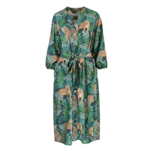 Load image into Gallery viewer, Green dress with animal and leaf pattern on a white background
