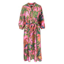 Load image into Gallery viewer, Colorful dress with tropical pattern on a white background
