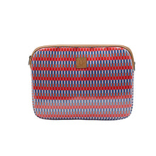 Load image into Gallery viewer, Red and blue patterned laptop sleeve with a visible IY brand logo on a white background
