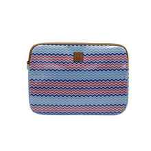 Load image into Gallery viewer, Blue, white and red striped laptop sleeve with a brown zipper on a white background

