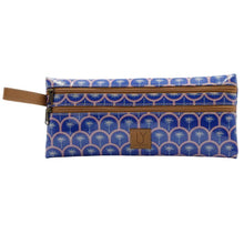 Load image into Gallery viewer, Blue pencil case with palm tree pattern and brown zipper on a white background
