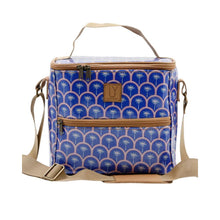 Load image into Gallery viewer, Blue palm-patterned cooler bag with beige straps on a white background
