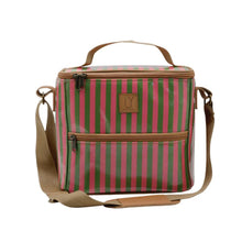 Load image into Gallery viewer, Pink &amp; green striped cooler bag with a brown strap on a white background
