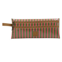 Load image into Gallery viewer, Pink &amp; green striped pencil case with 2 brown zips on a white background
