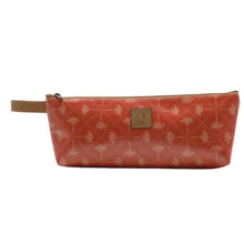 Load image into Gallery viewer, Red pencil case with pink palm pattern and brown zipper on a white background
