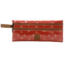 Load image into Gallery viewer, Red pencil case with pink palm pattern and 2 brown zips on a white background
