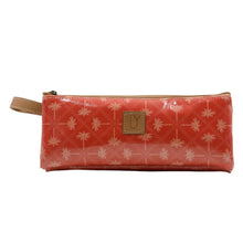 Load image into Gallery viewer, Red pencil case with pink palm pattern and gold zipper on a white background
