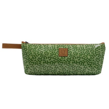 Load image into Gallery viewer, Green patterned pencil case with a brown zipper and logo on a white background
