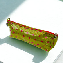Load image into Gallery viewer, Green cosmetic bag with pink polka dots on a light blue background
