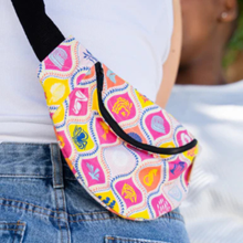 Load image into Gallery viewer, Colorful patterned bag worn over shoulder with blurred background
