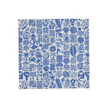 Load image into Gallery viewer, Blue and white patterned fabric tablecloth with marine life design on a white background
