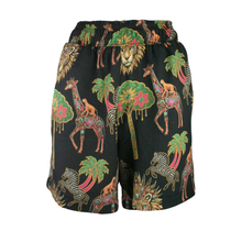 Load image into Gallery viewer, Shorts with a colorful animal and nature pattern on a black background
