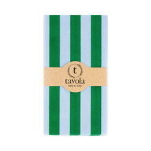 Load image into Gallery viewer, Striped green and blue napkins with a Tavola label on a white background
