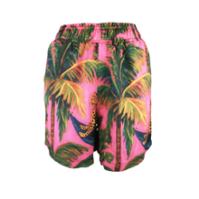 Load image into Gallery viewer, Tropical patterned Rush Resort shorts with palm trees and a leopard on a pink background
