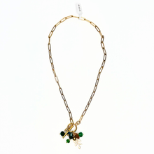 Load image into Gallery viewer, Gold chain necklace with green pendant on a white background
