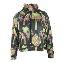 Load image into Gallery viewer, Colorful hoodie with animal and nature pattern on a white background
