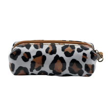 Load image into Gallery viewer, Leopard print mini pouch with a gold zipper on a white background
