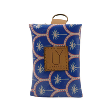 Load image into Gallery viewer, Blue pouch with white palm pattern and brown leather patch on a white background
