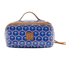 Load image into Gallery viewer, Blue toiletry bag with palm tree pattern on a white background
