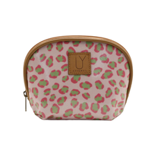 Load image into Gallery viewer, Cosmetic bag with pink and green leopard print and leather trim on a white background
