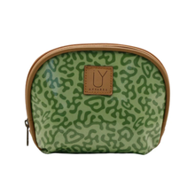 Load image into Gallery viewer, Green patterned pouch with brown leather trim &amp; zipper on a white background
