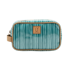Load image into Gallery viewer, Green toiletry bag with white stripes and a brown leather patch on a white background

